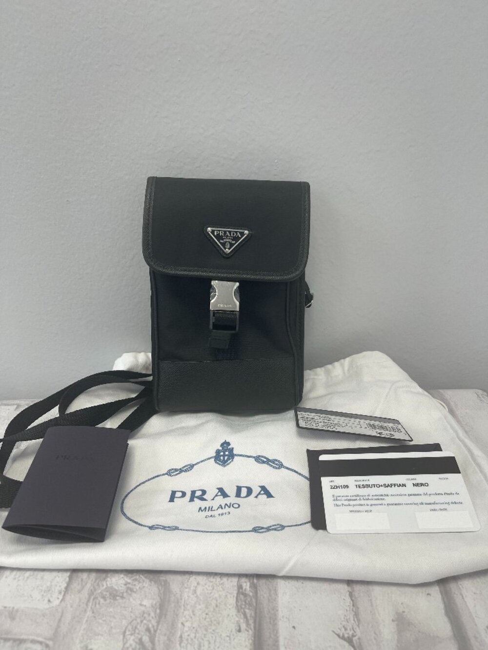 Prada Logo Plaque Lanyard Nylon & Leather Phone Case in Black - Like New